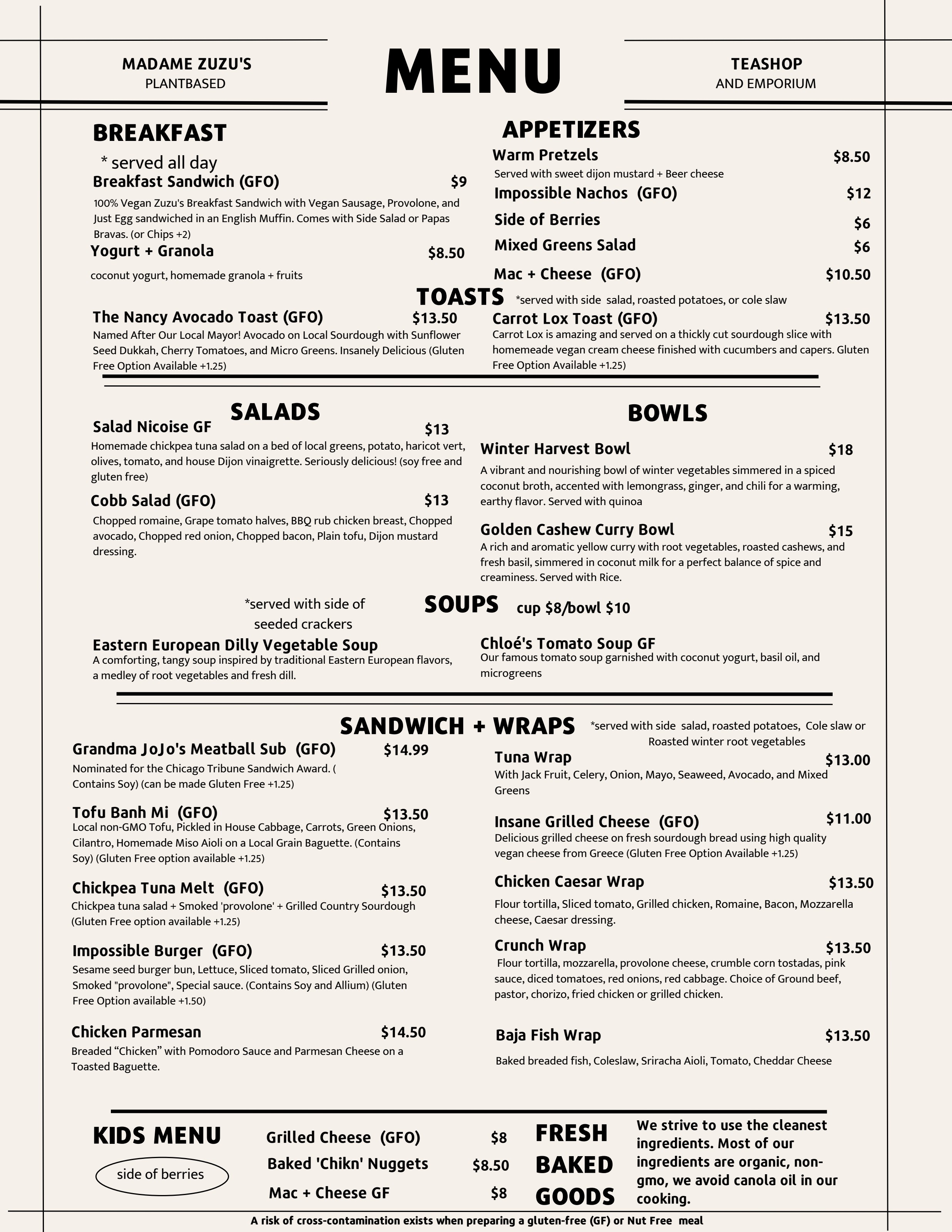 Madame Zuzu's food menu — breakfast, toasts, salads, soups, sandwiches, wraps, bowls, appetizers, and kids menu