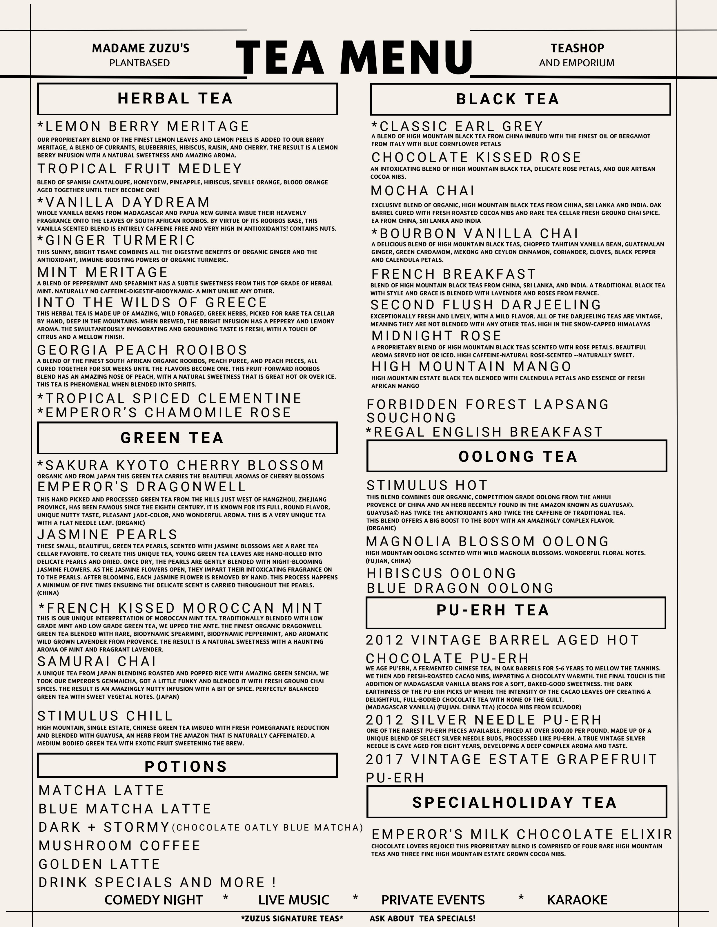 Madame Zuzu's tea menu — herbal, green, black, oolong, pu-erh teas and potions